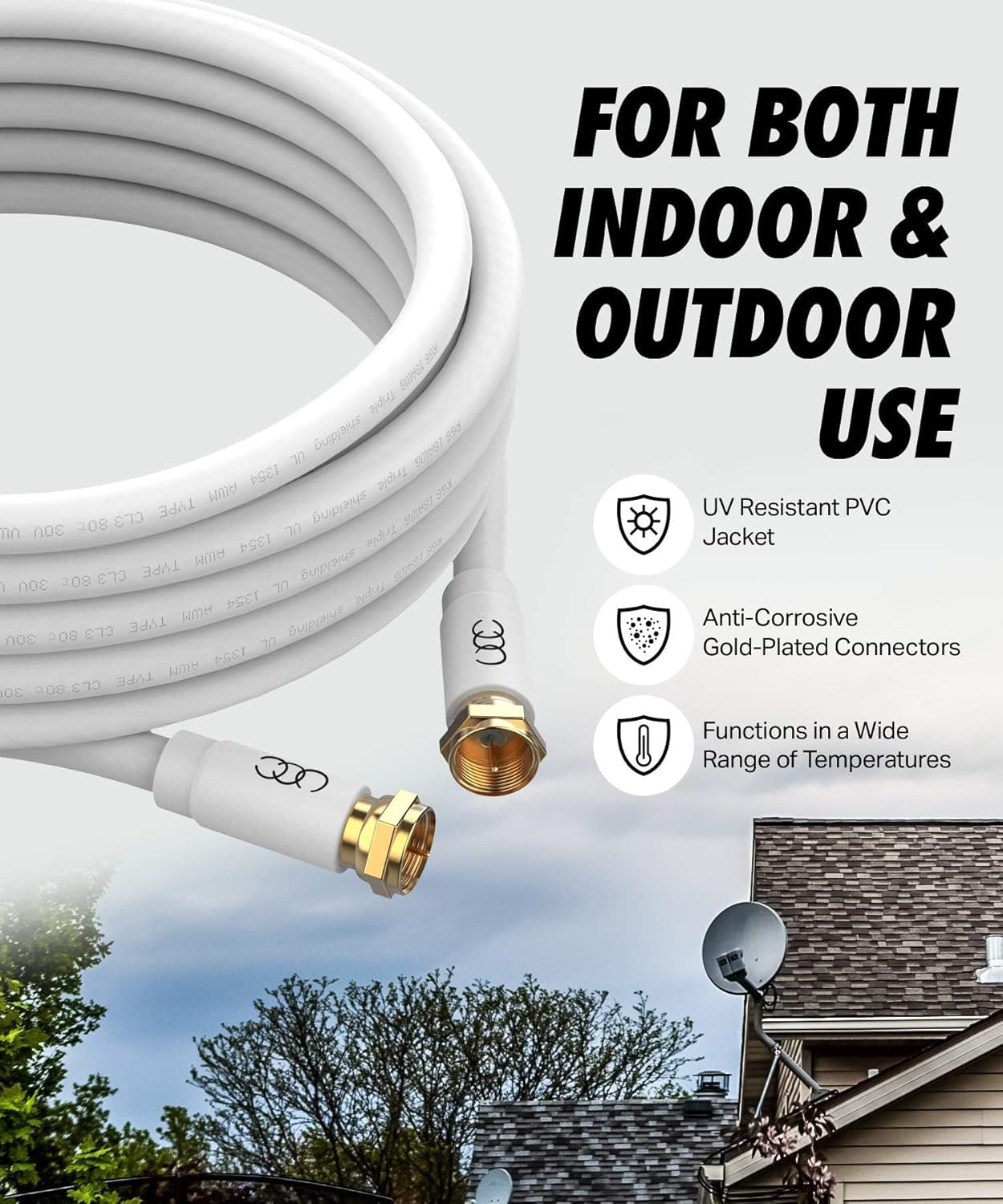 Coaxial Cable (30 Ft) Triple Shielded - RG6 Coax TV Cable Cord Wire In-Wall Rated - Digital Audio Video with Male F Gold Plated Connectors -30 Feet