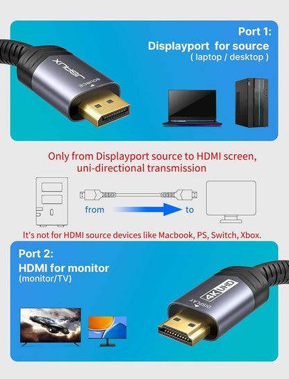 Displayport to HDMI Cable 10FT,  DP to HDMI Male to Male Video Cable FHD Nylon Braided DP to HDTV Unidirectional Cord for Dell, Monitor, Projector, Desktop, AMD, NVIDIA, Lenovo, Hp,Thinkpad-Grey